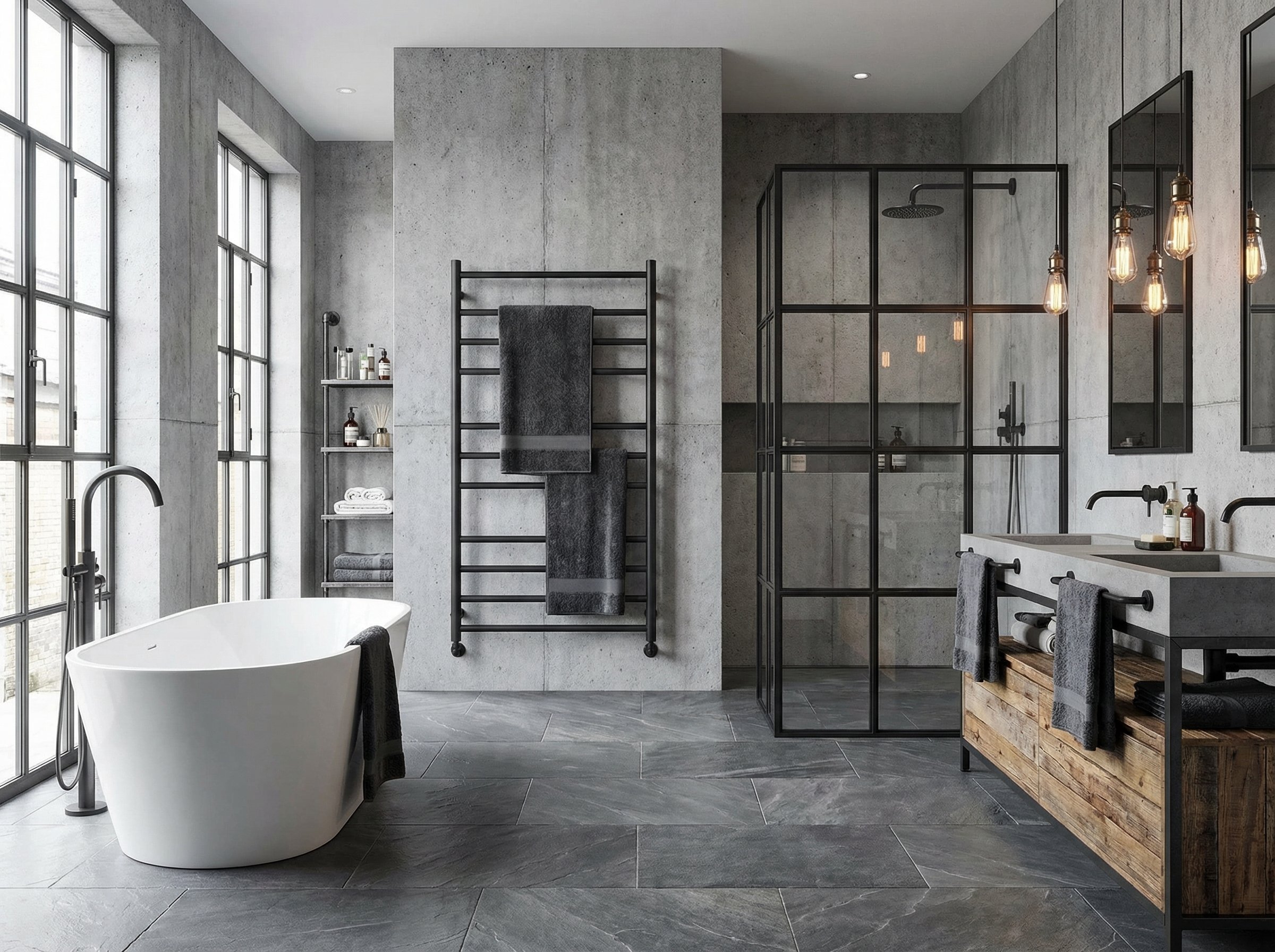 A matte black wall-mounted towel warmer with horizontal bars holding grey towels in a modern industrial bathroom.