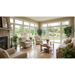 A sunroom with polished tile flooring installed over a concealed electric radiant floor heating system.
