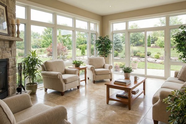 A sunroom with polished tile flooring installed over a concealed electric radiant floor heating system.