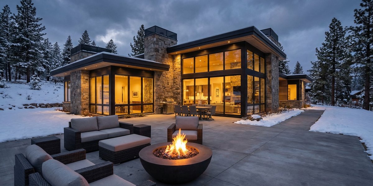 A snow melting system keeps a modern luxury home patio clear of snow and ice during a winter evening.
