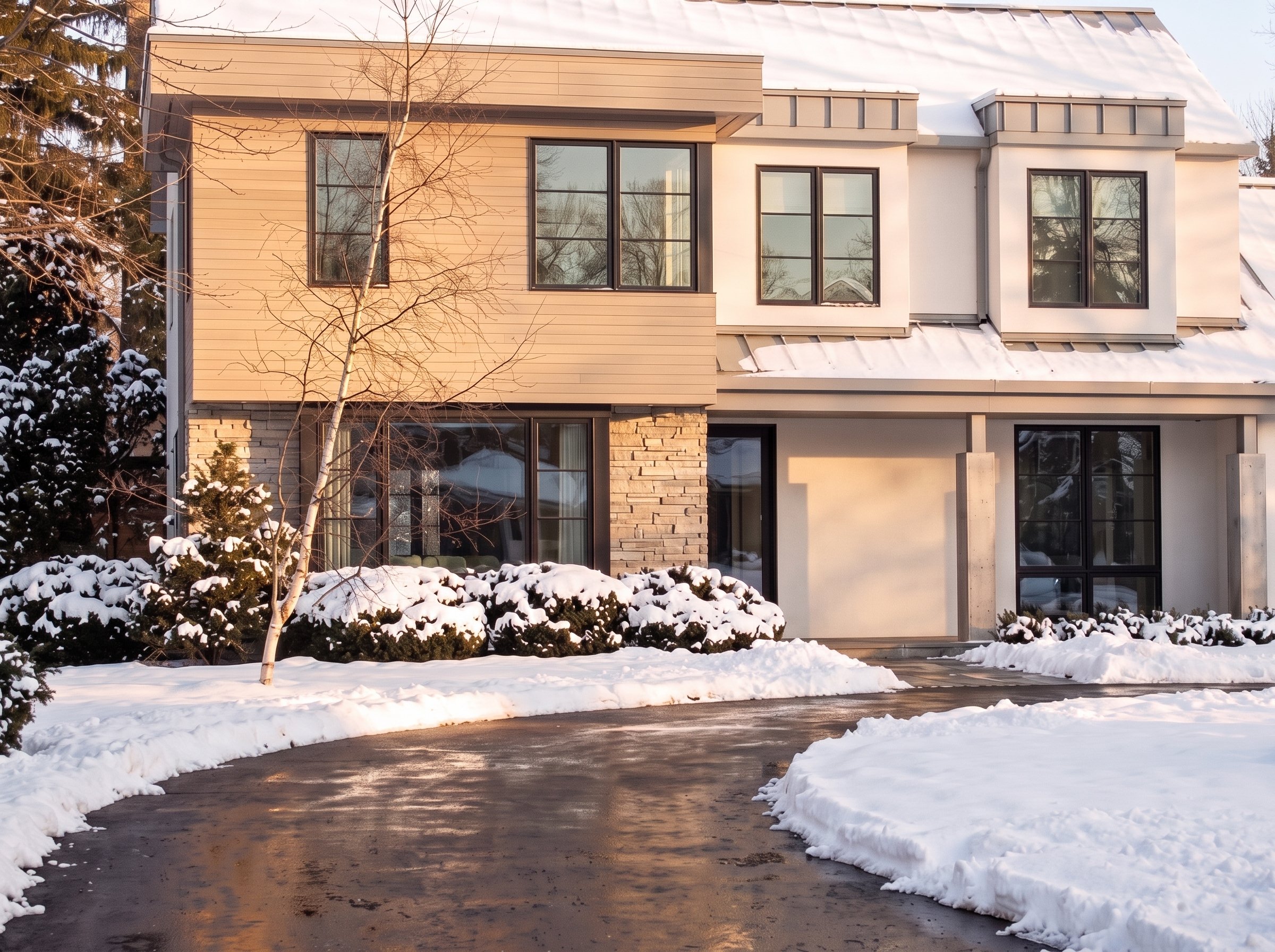 Modern House With Asphalt Driveway And Radiant Snow Melting System