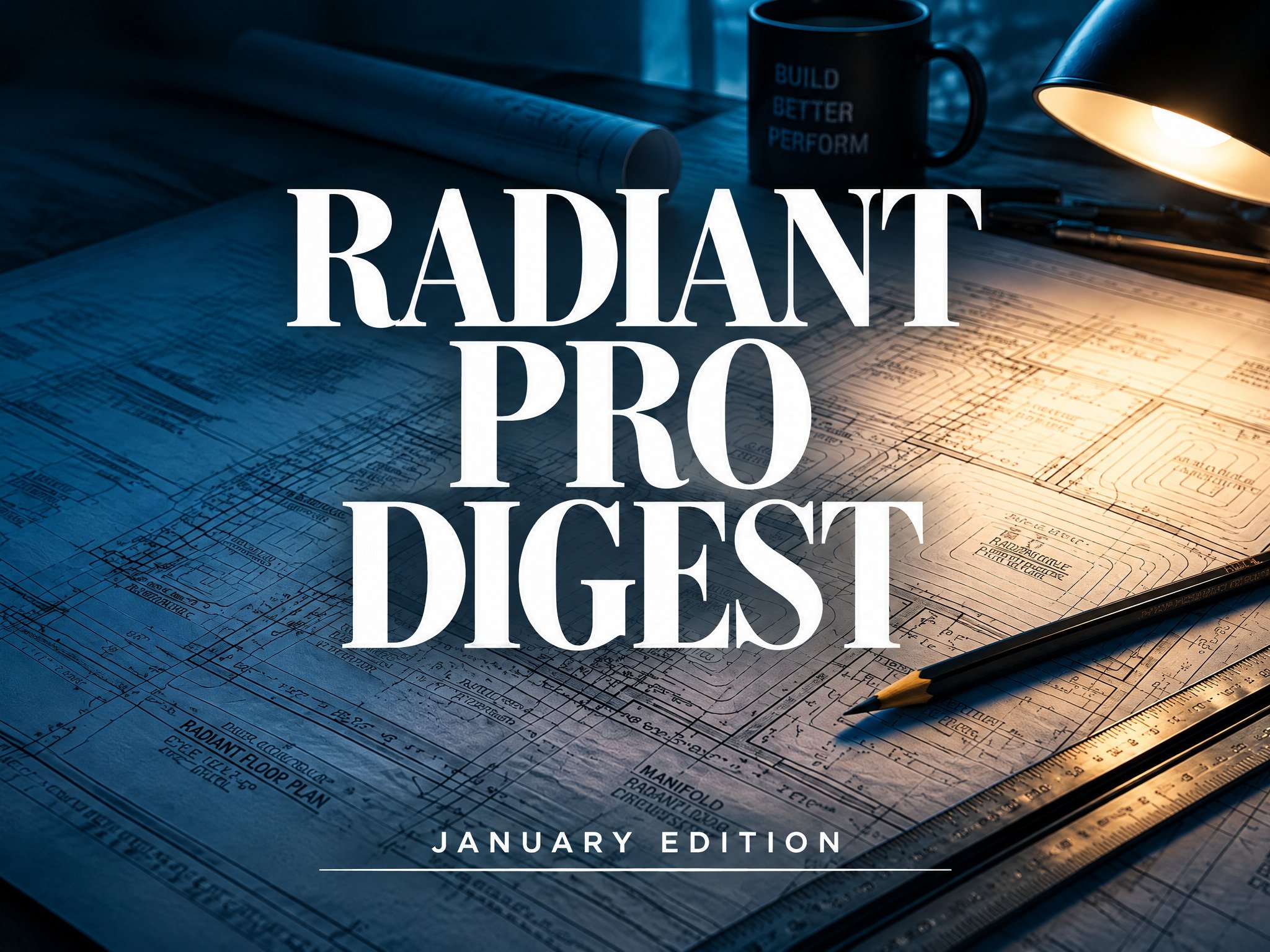 A technical blueprint for an electric radiant floor heating system featuring cable loops and manifold layouts spread across a wooden desk. Text overlay reads: "BUILD BETTER PERFORM: RADIANT PRO DIGEST: RADIANT FLOOR PLAN: MANIFOLD: RADANT FLOOR: CIRCUITS: JANUARY EDITION"