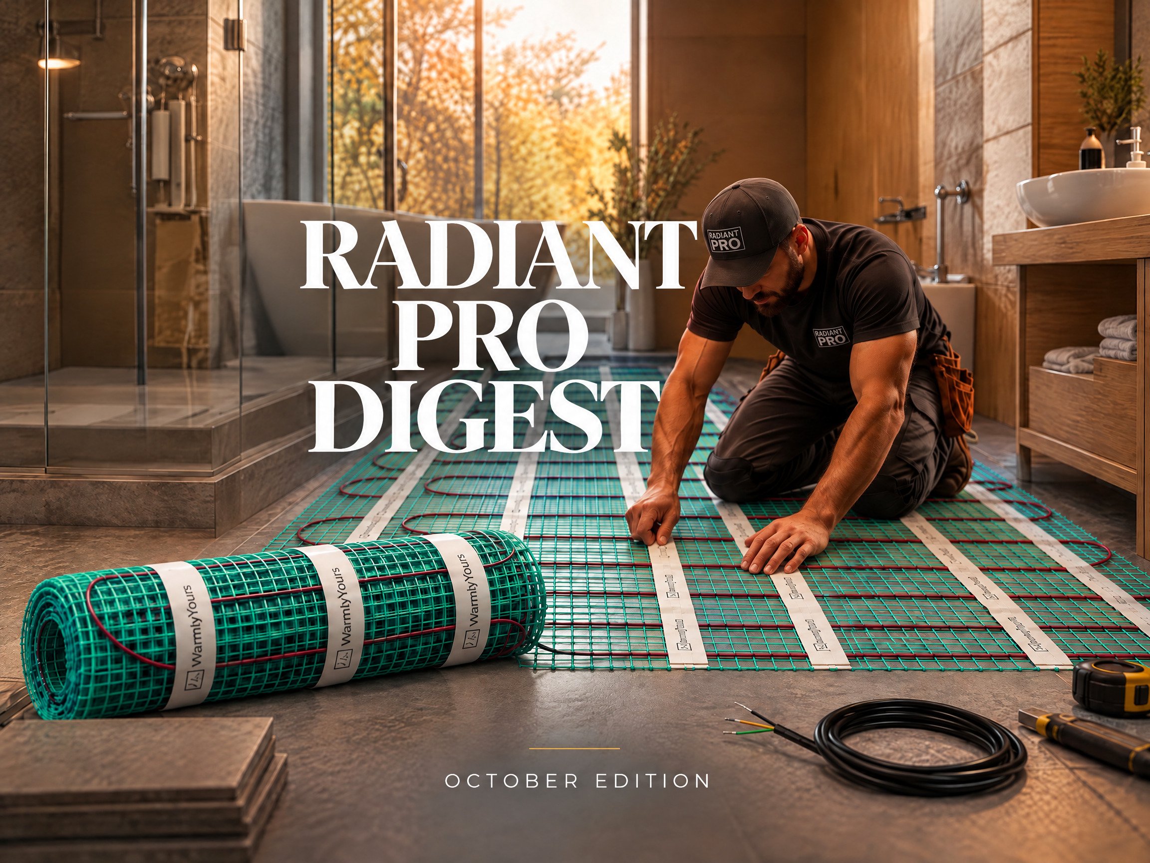 A worker installs electric radiant floor heating mats in a modern, sunlit bathroom with white tile and centered text.