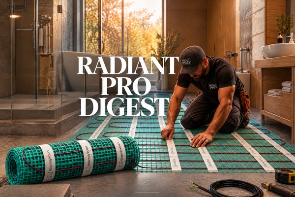 A worker installs electric radiant floor heating mats in a modern, sunlit bathroom with white tile and centered text.