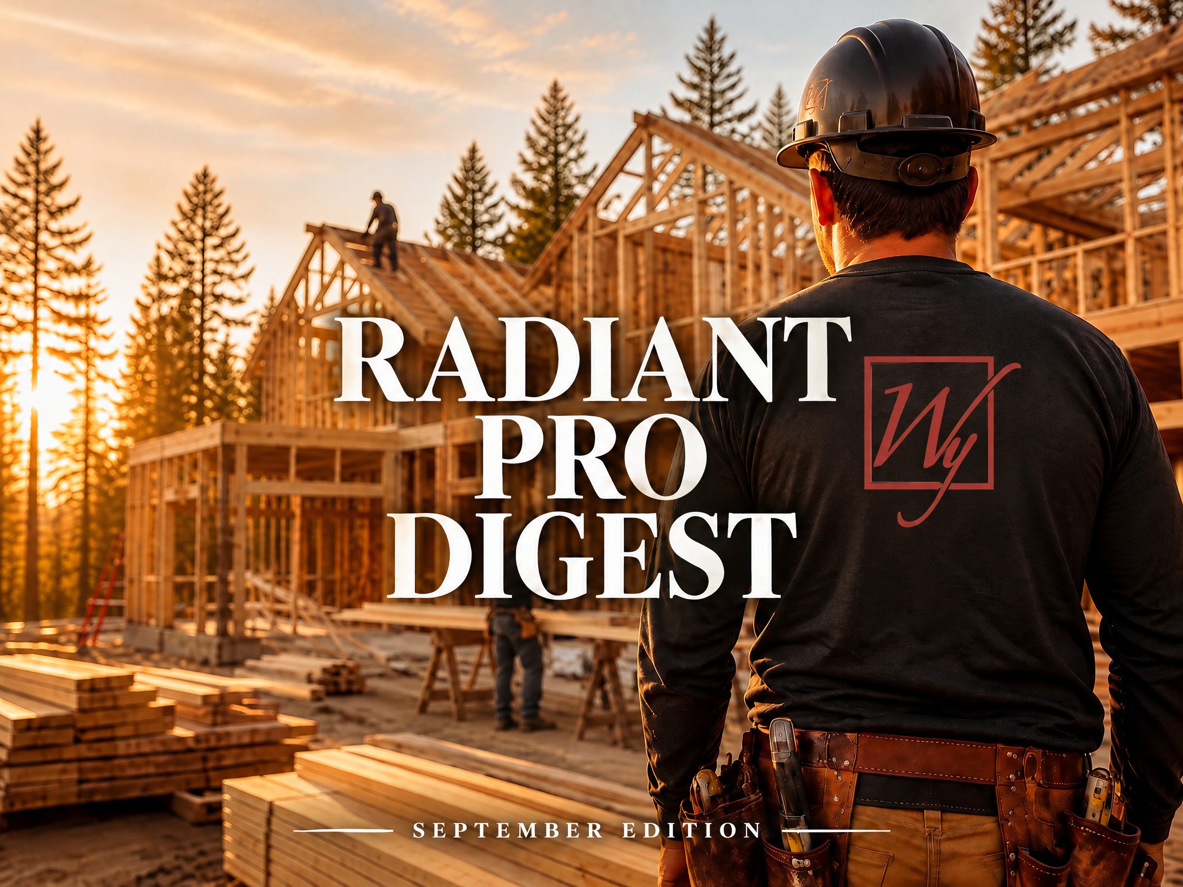 A professional installer wearing a WarmlyYours branded shirt stands on a construction site with Radiant Pro Digest text.