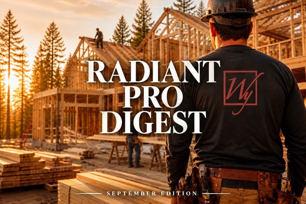 A professional installer wearing a WarmlyYours branded shirt stands on a construction site with Radiant Pro Digest text.