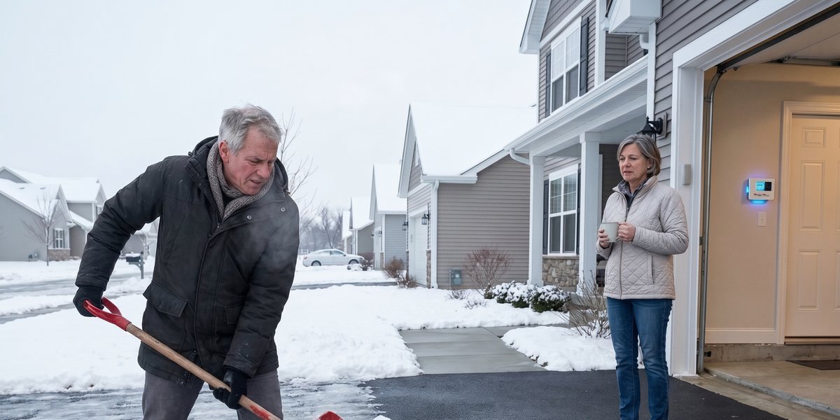 Radiant Heated Driveway Melts Snow; Concerned Couple Watches