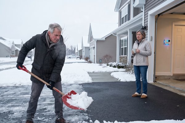 Radiant Heated Driveway Melts Snow; Concerned Couple Watches
