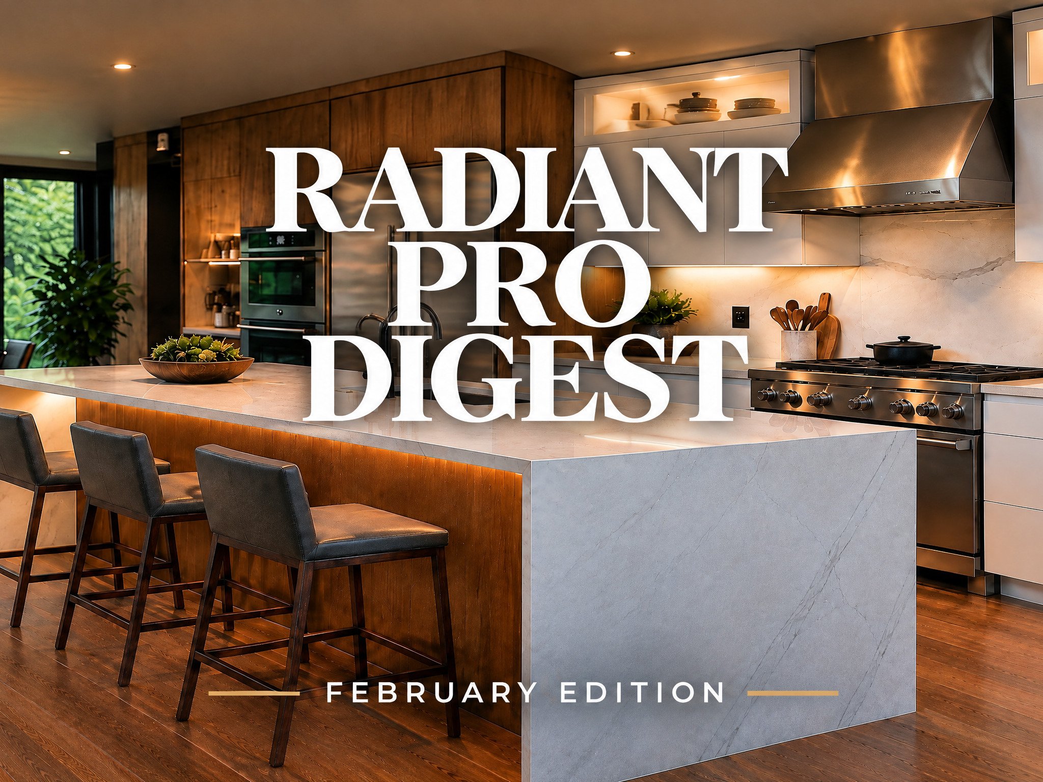 Modern luxury kitchen with wood flooring and a marble island featured in the Radiant Pro Digest February edition.