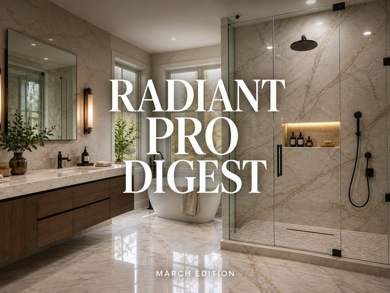 A modern luxury bathroom featuring a freestanding bathtub, glass shower, and marble tile flooring. Text overlay reads: "RADIANT PRO DIGEST: MARCH EDITION"