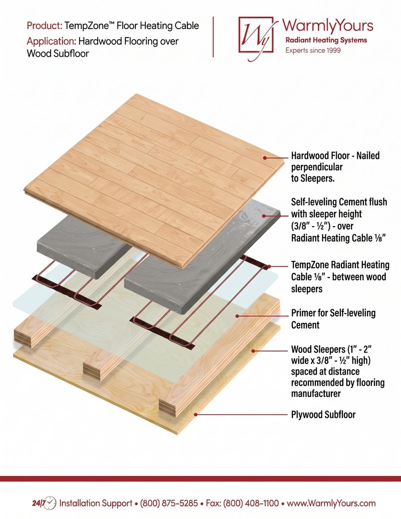TempZone™ Floor Cross Section using Nailed Down Hardwood Floor over Plywood subfloor (English)