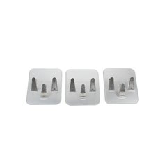 Three aluminum 3-prong roof clips for securing self-regulating heating cables to a roof surface.