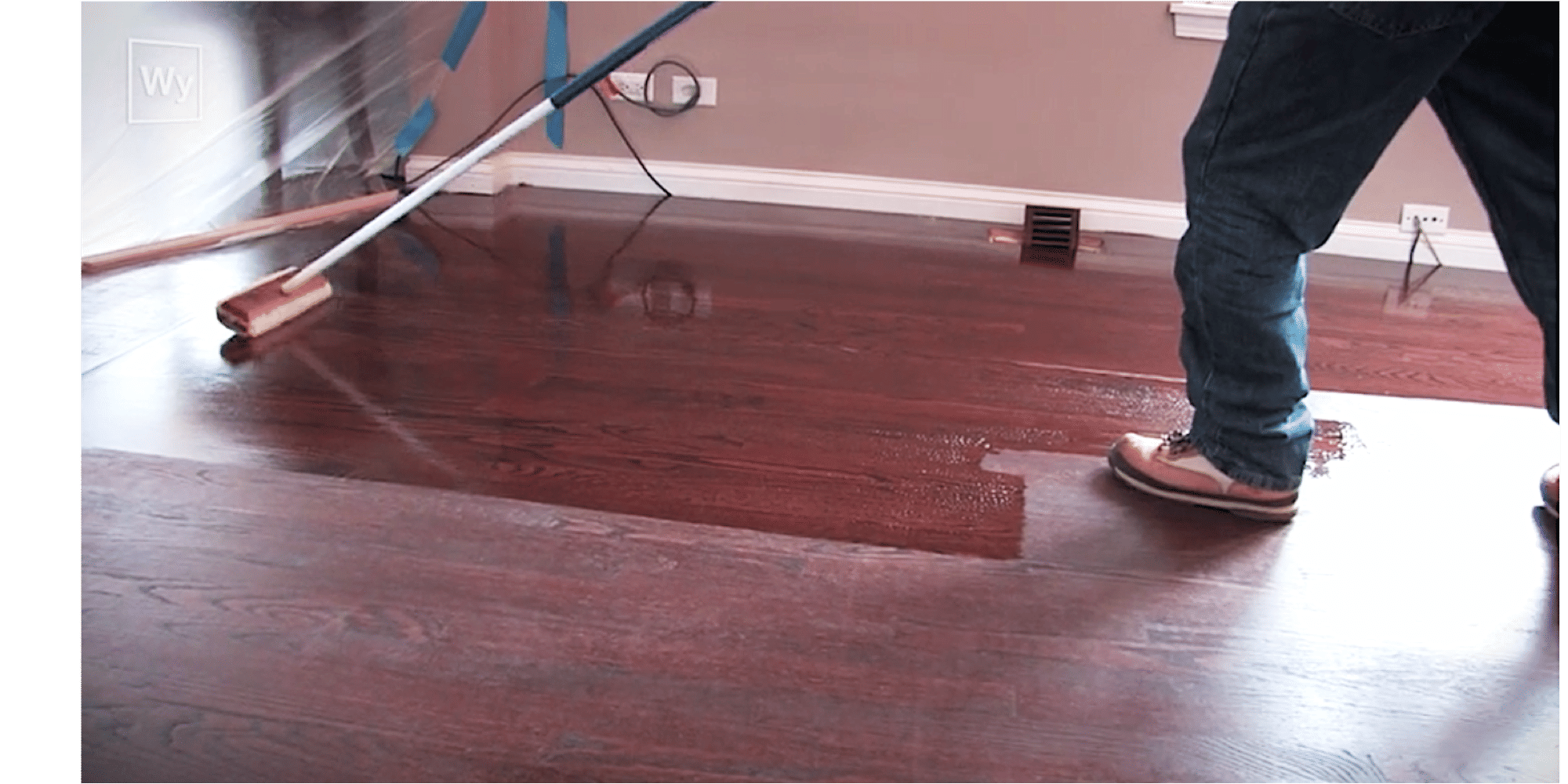 Applying stain/polish for nailed down hardwood floor with electric floor heating