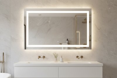 Audrey 40x28 LED Mirror with backlit frosted frame and bright white LED lighting in modern bathroom