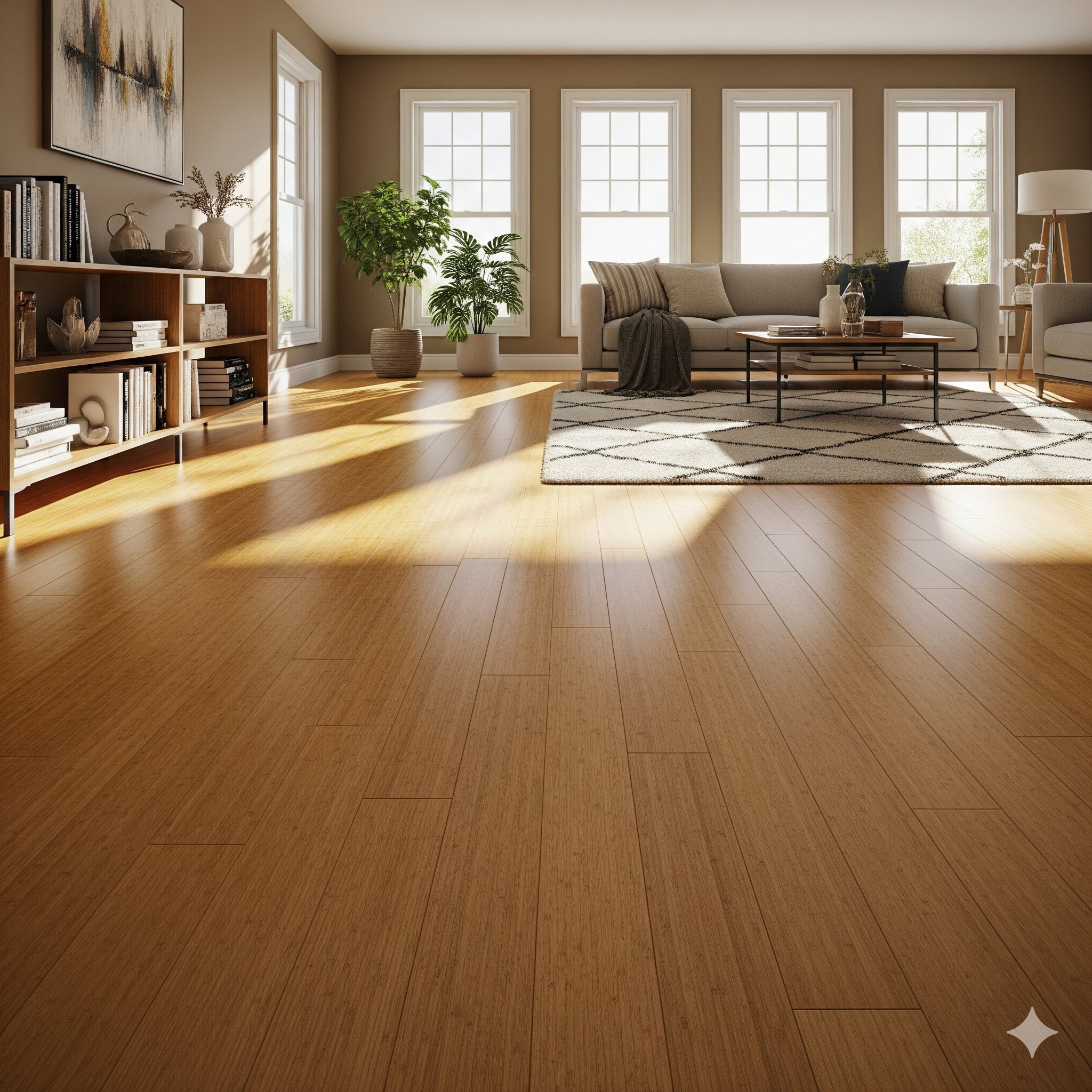 Modern living room with bamboo plank flooring installed over a concealed electric radiant floor heating system.