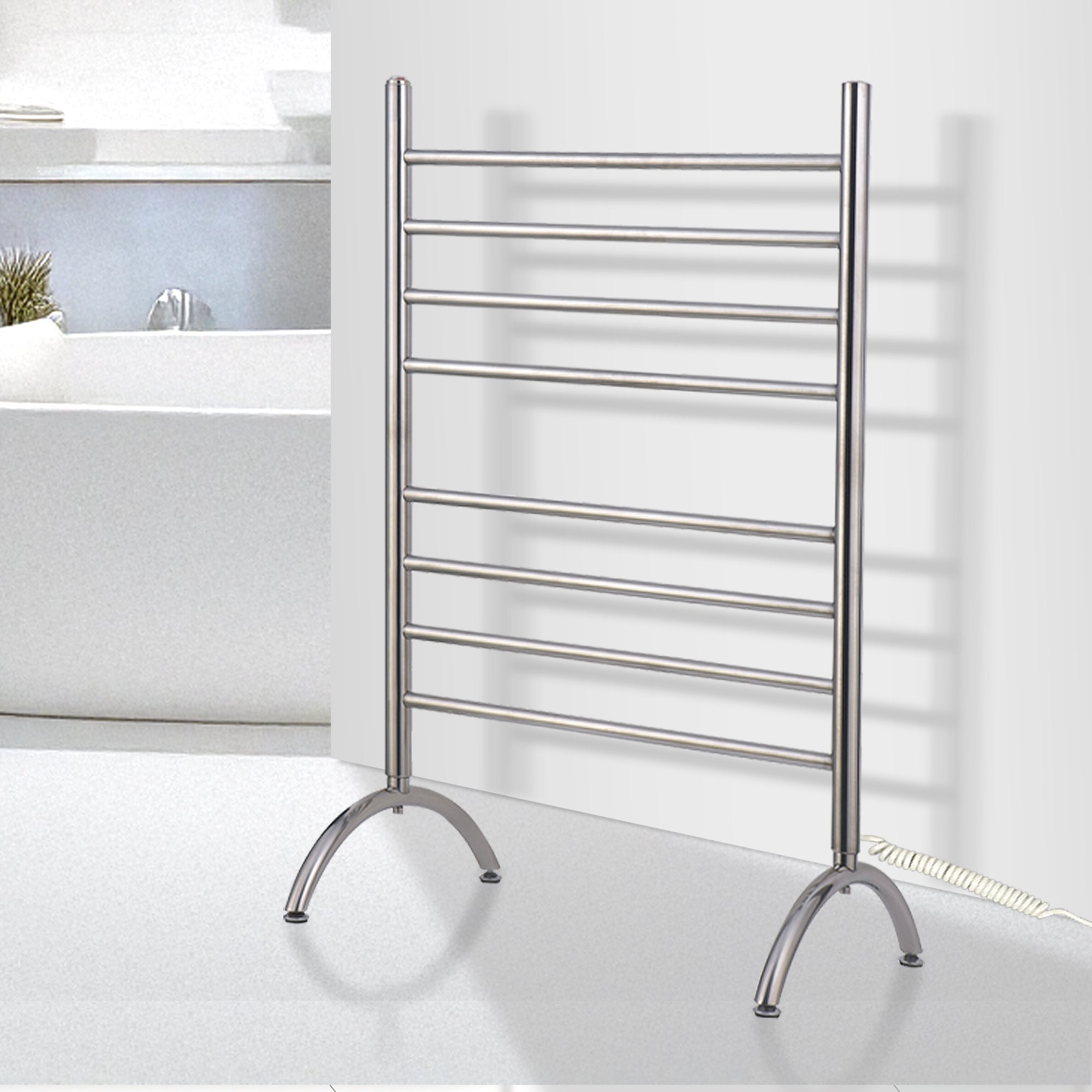Bathroom with a hardwired towel warmer and a horizontal LED mirror above the vanity