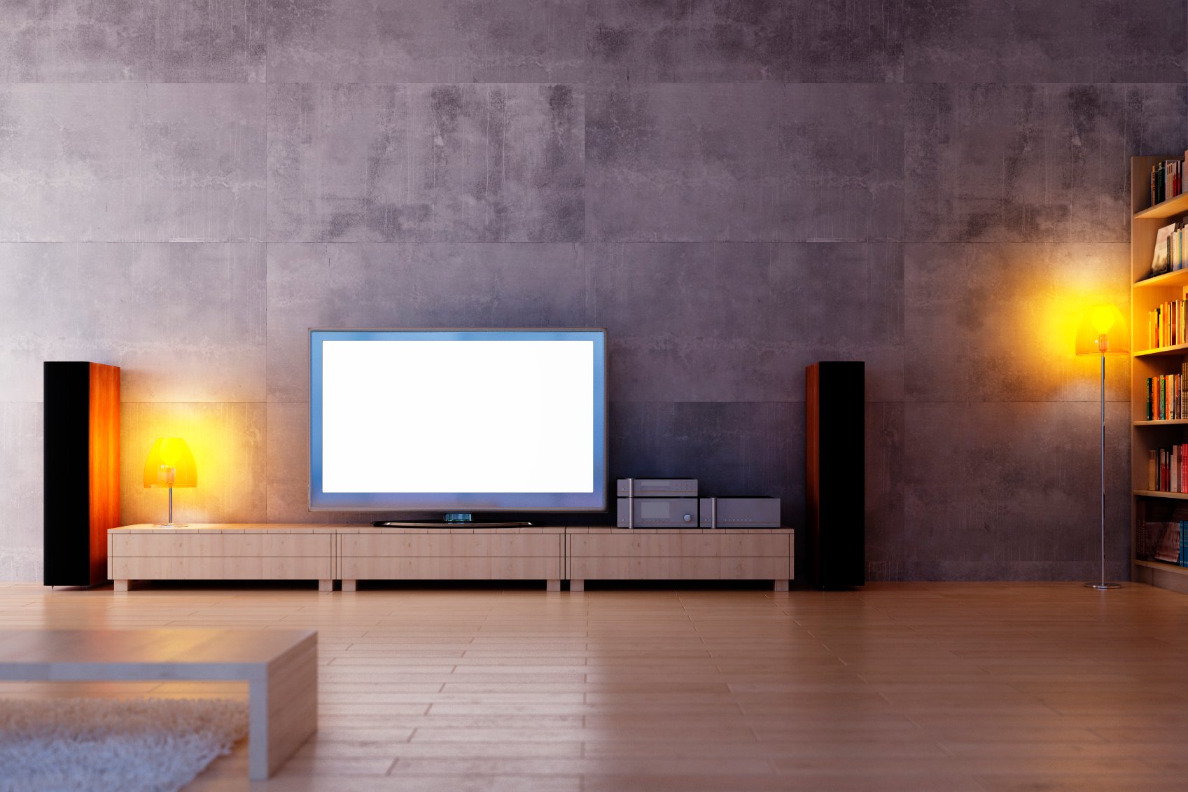 A modern living room featuring a low light-wood entertainment console, concrete tile wall, and light-toned flooring.