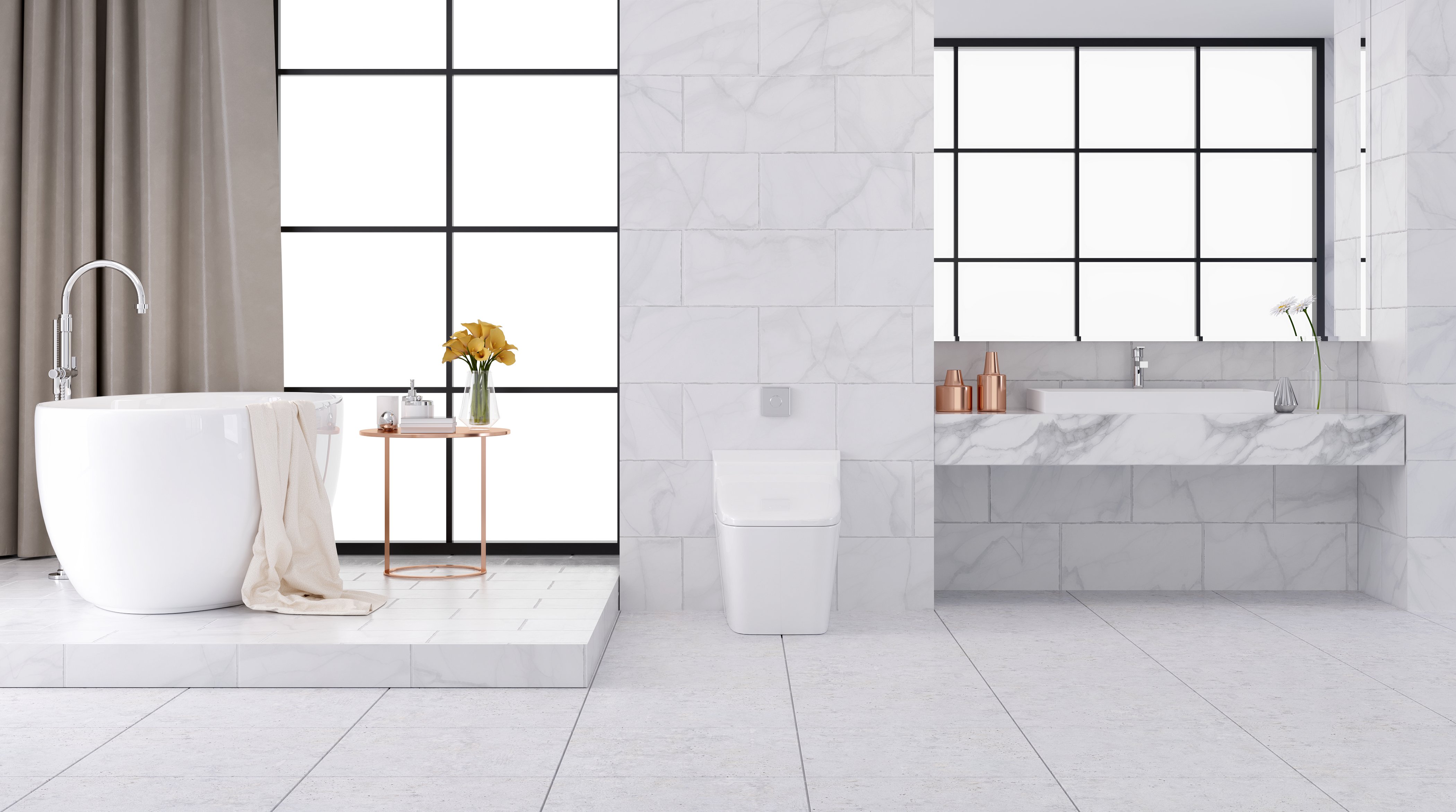 A modern bathroom featuring a freestanding soaking tub and floating vanity, designed for comfort with electric radiant floor heating.