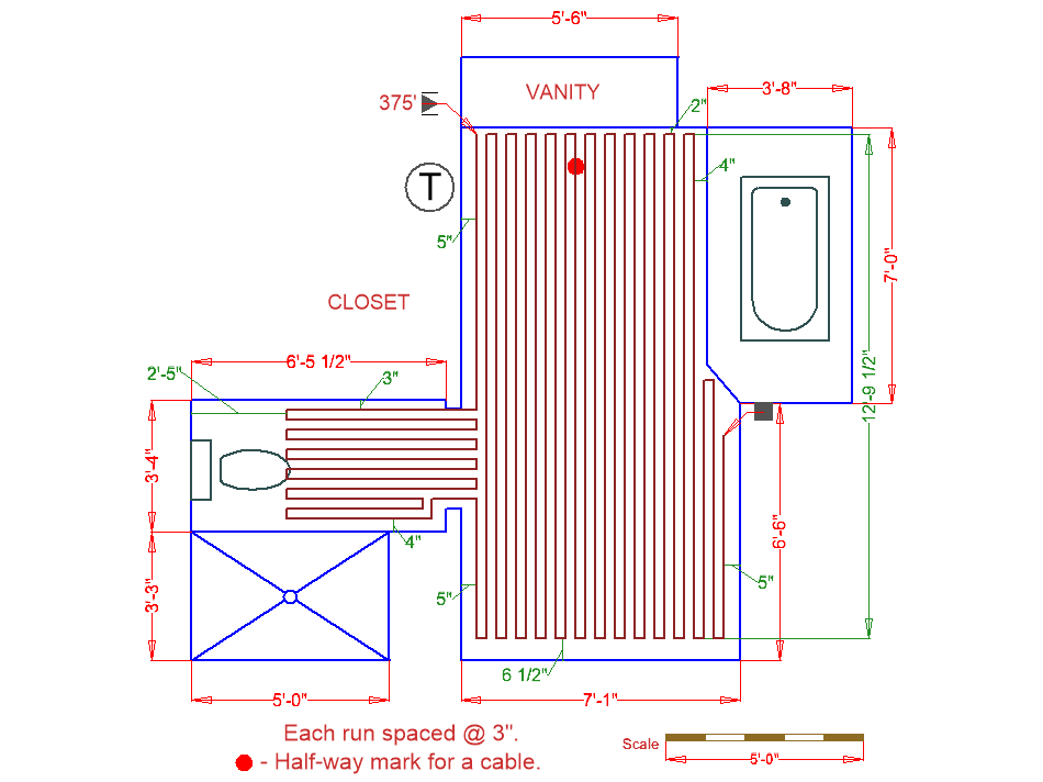 Bathroom floorplan showing serpentine TempZone radiant heating cable layout around fixtures