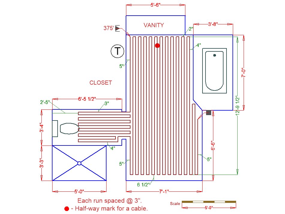 Bathroom floorplan with TempZone™ radiant heating cable system.