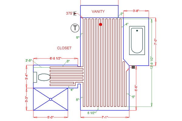 Bathroom floorplan with TempZone™ radiant heating cable system.