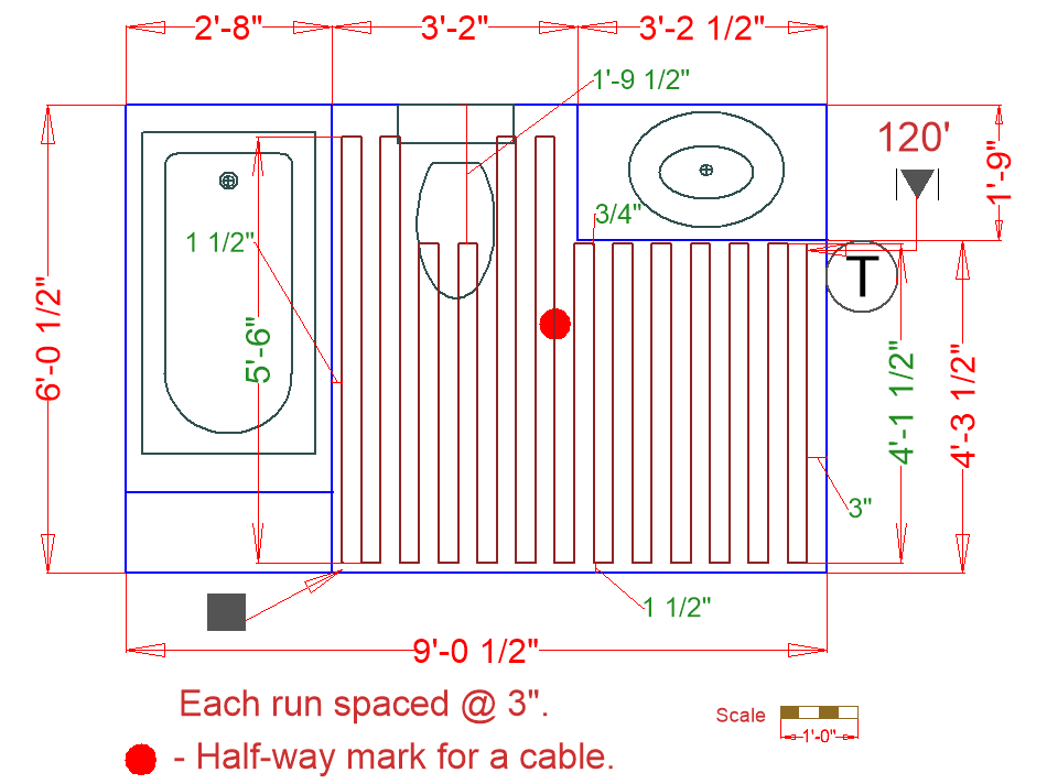 Bathroom floorplan with TempZone™ radiant heating cable system