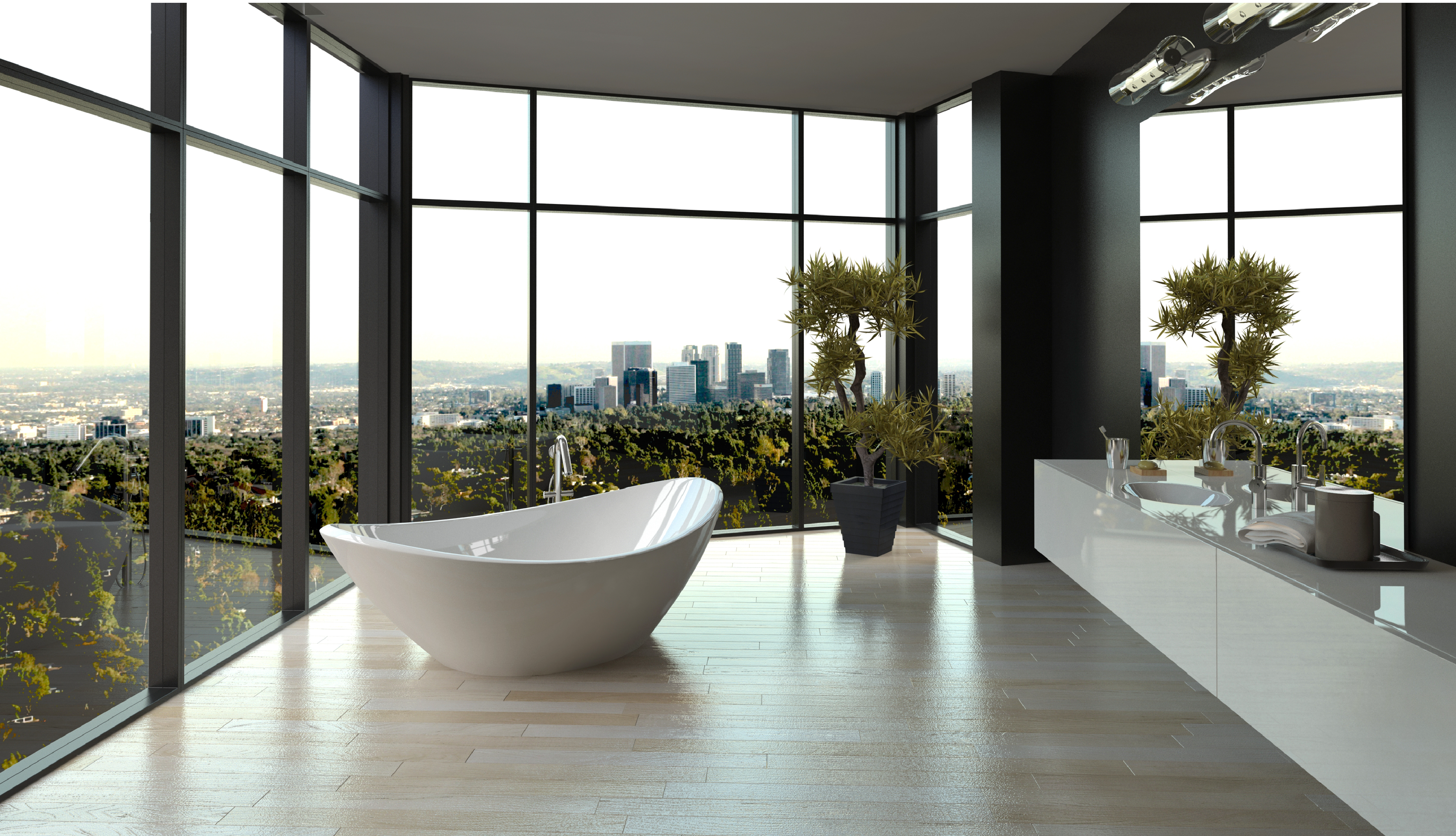 A modern luxury bathroom with a freestanding tub and vanity installed over electric radiant floor heating beneath light-colored plank flooring.