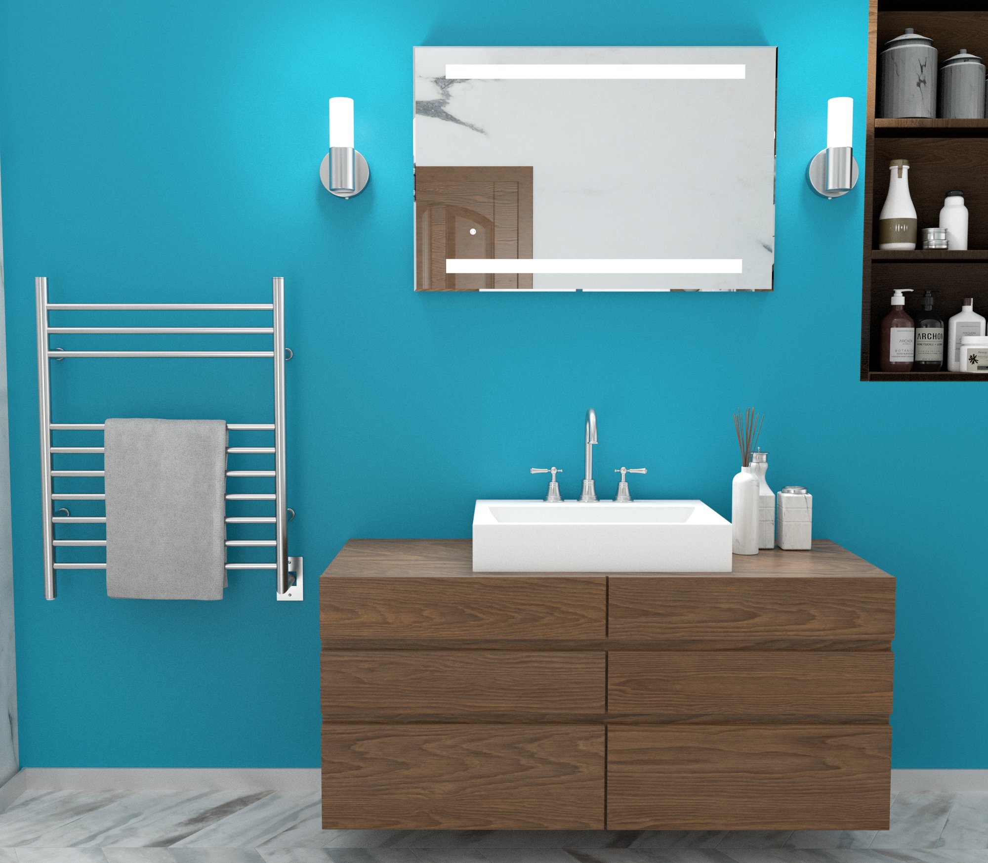Bathroom with a Hardwired Towel Warmer and a Horizontal LED Mirror