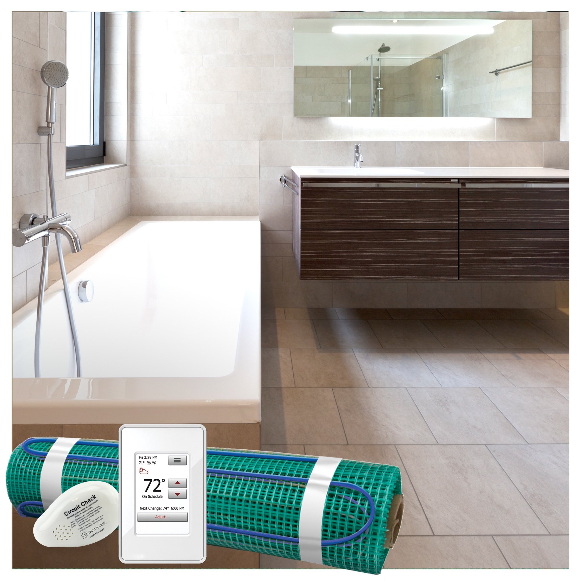 Bathroom with TempZone floor heating and Ember radiant panel.