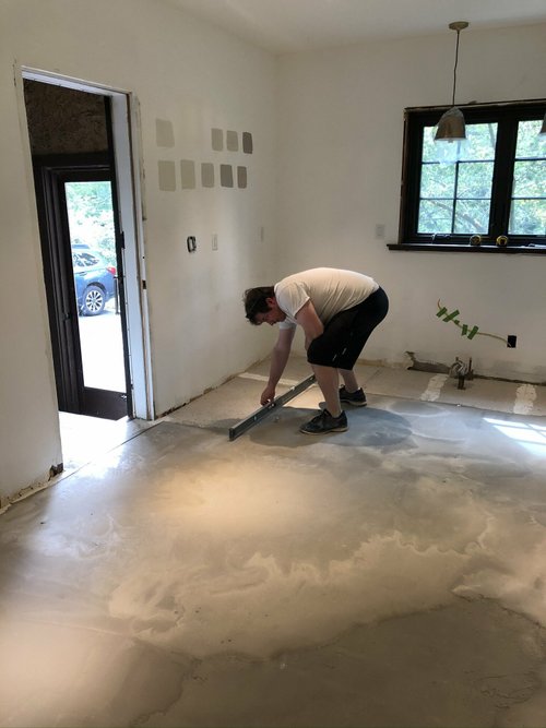 Brook & Stone Kitchen Remodel with electric floor heating setting self-leveling cement