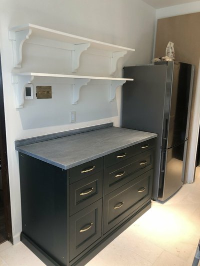 Brook & Stone Kitchen Remodel with electric floor heating with thermostat underneath floating shelves