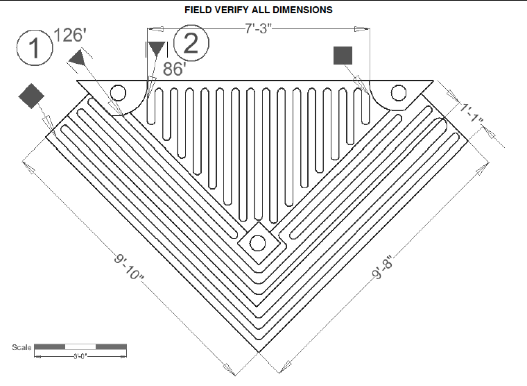 A technical floor heating cable layout diagram for a triangular room, detailing serpentine cable paths and dimensions for two heating circuits.