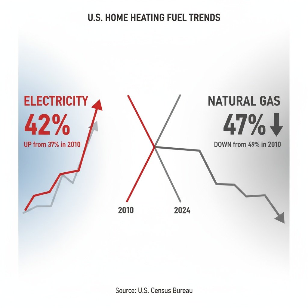 Chart showing electricity rising to 42% and natural gas declining to 47% for home heating from 2010-2024 Census data