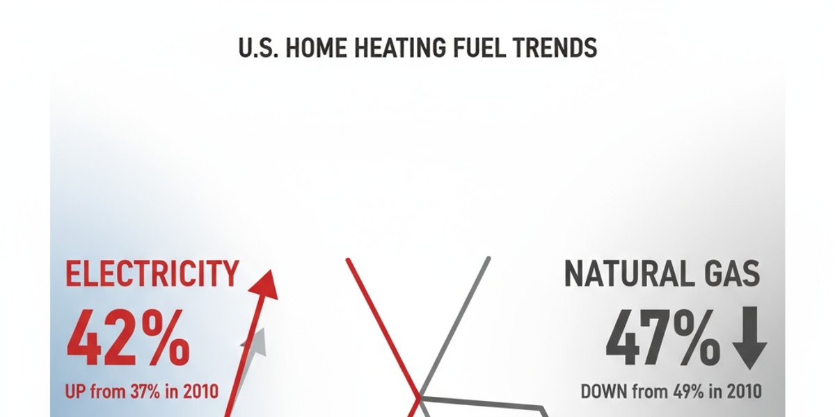 Chart showing electricity rising to 42% and natural gas declining to 47% for home heating from 2010-2024 Census data