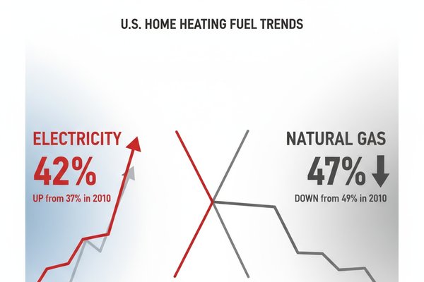 Chart showing electricity rising to 42% and natural gas declining to 47% for home heating from 2010-2024 Census data