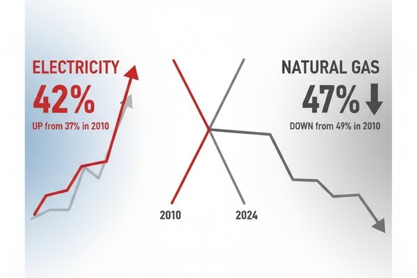 Chart showing electricity rising to 42% and natural gas declining to 47% for home heating from 2010-2024 Census data