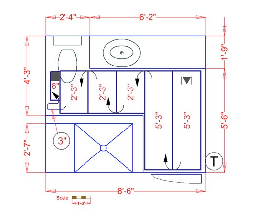 Floor plan for adding radiant heat to a small Chicago bathroom
