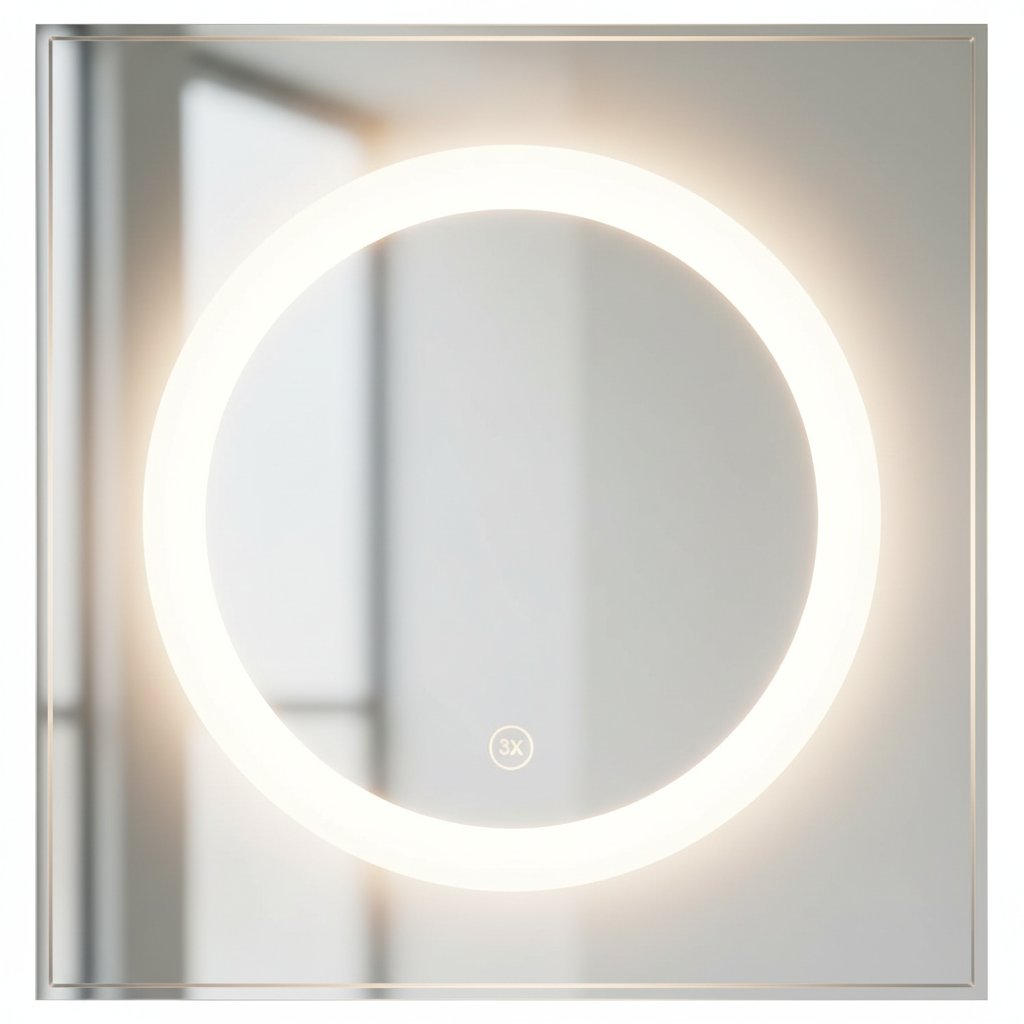 Close-up of Judy LED bathroom mirror showing the circular 3X magnifying mirror with integrated LED ring and defogging glass