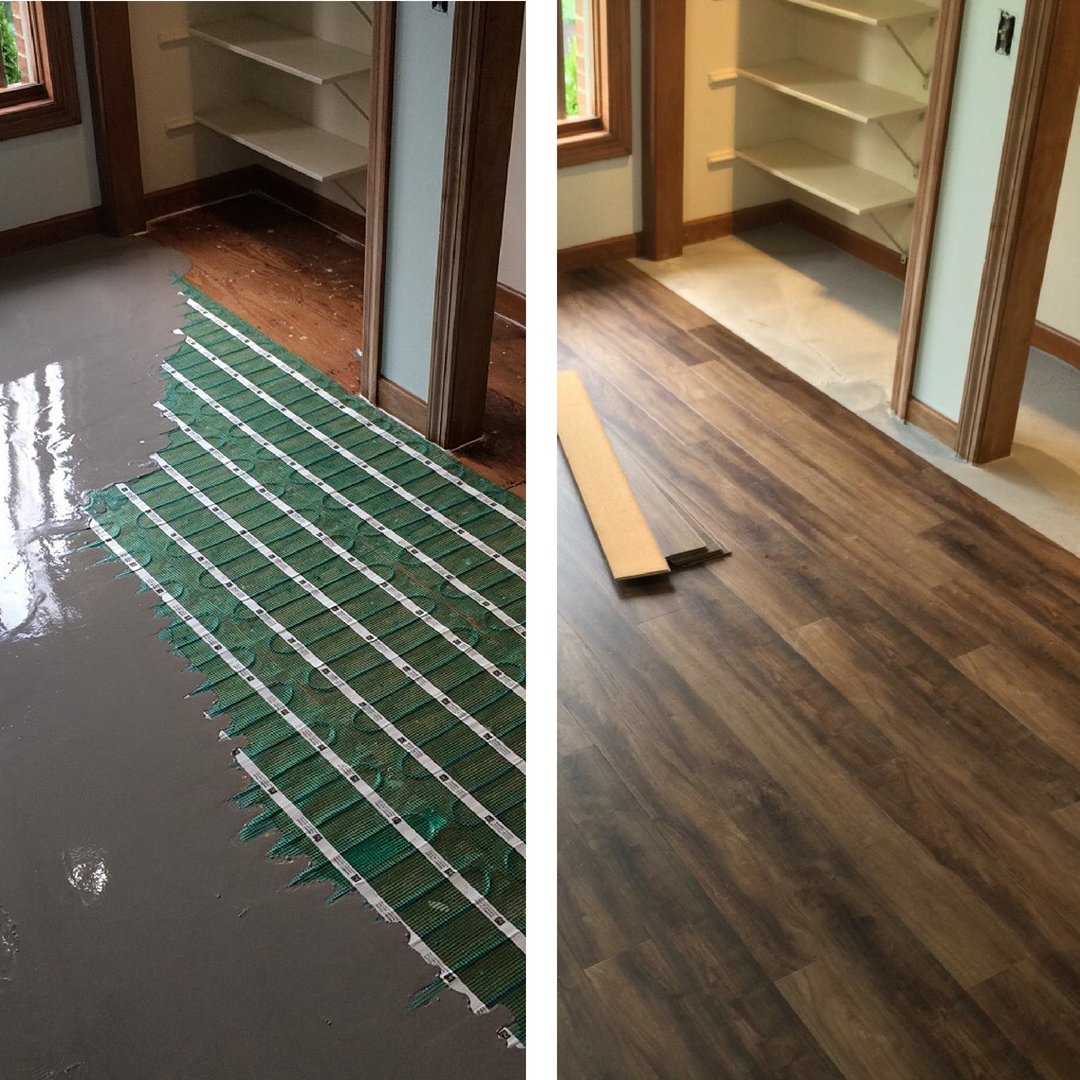 comparison shot of tempzone flex roll with self leveling cement and afterwards with luxury vinyl tile flooring