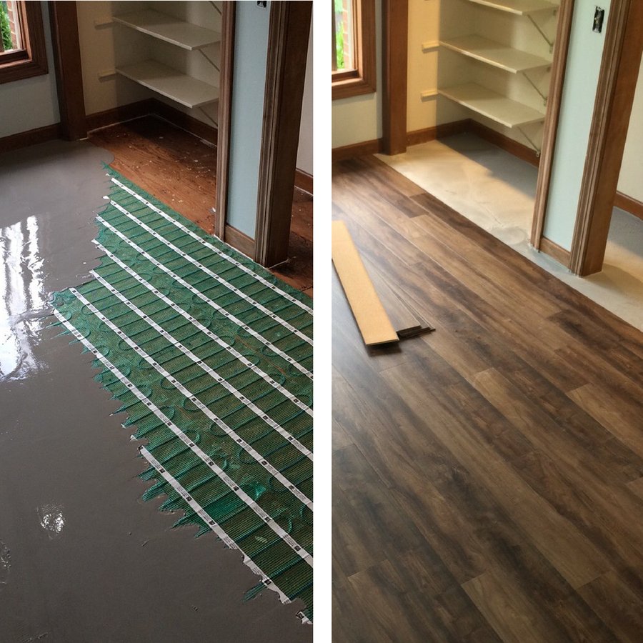 comparison shot of tempzone flex roll with self leveling cement and afterwards with luxury vinyl tile flooring