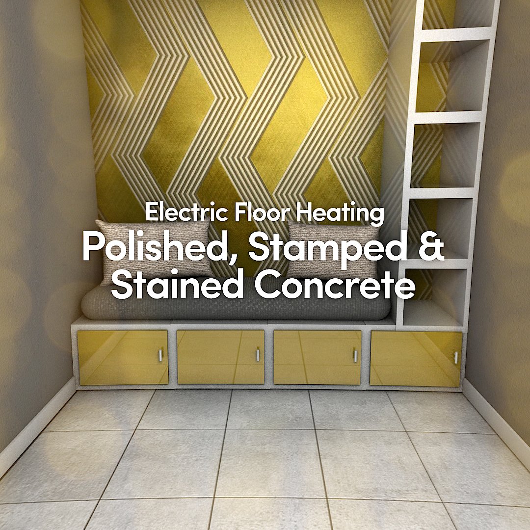 Electric floor heating installed beneath light grey square tiles in a modern mudroom entryway with a built-in storage bench.