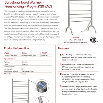 Barcelona Freestanding Plug-in Towel Warmer Sell Sheet Canada (English)