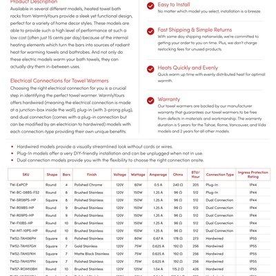 Classic Collection Towel Warmer Specification Sheet (English)