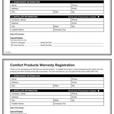 Comfort Products Warranty Card & Registration (English)