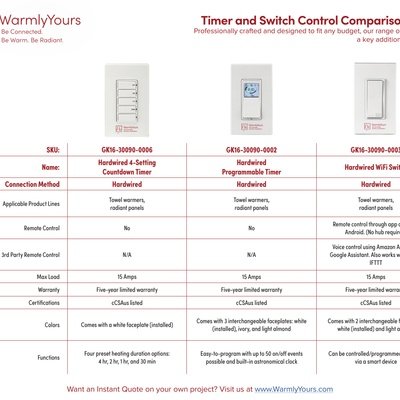 Comparison Chart for Timers and Switches for Towel Warmers or Radiant Panels (English)