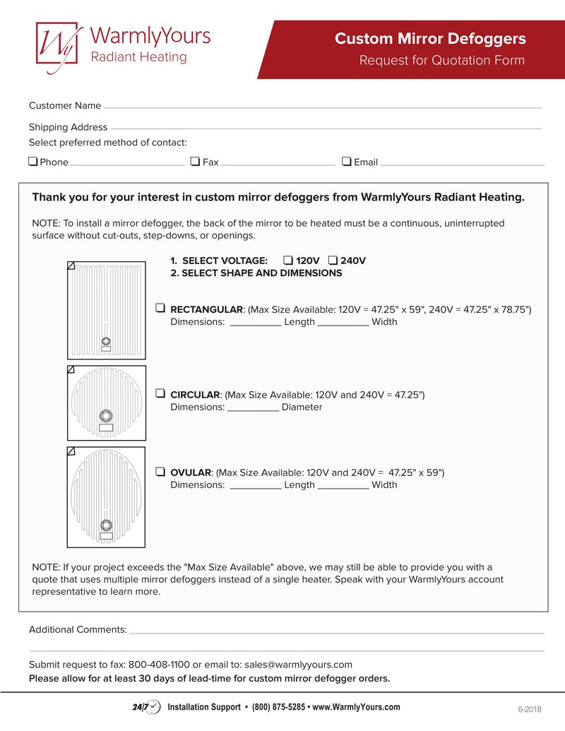 Custom Mirror Defogger Request For Quote (RFQ) Form (English)