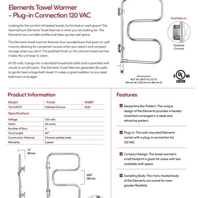 Elements Plug-in Towel Warmer Sell Sheet Canada (English)
