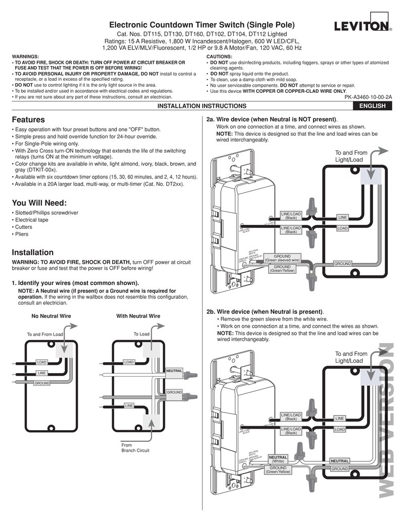 Hardwired 4-Setting Countdown Timer Installation and Operation Instructions DT104 (English)