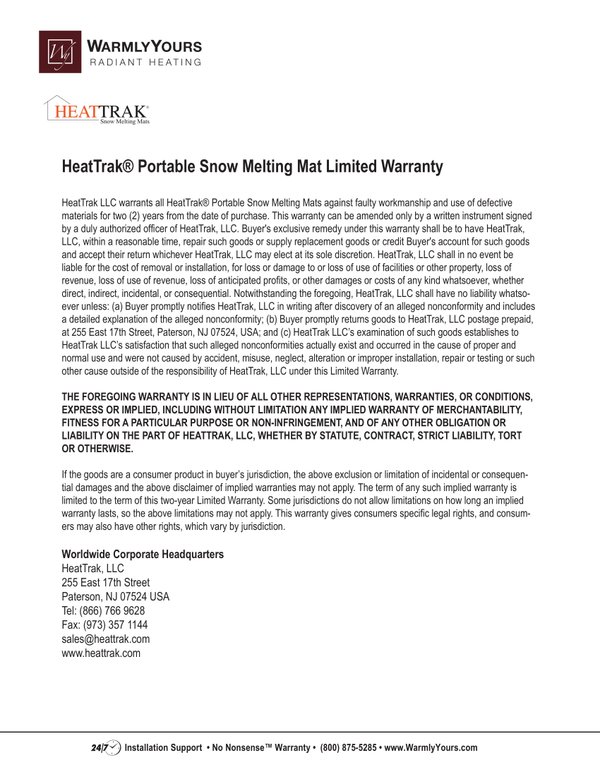 Cover for Heattrak Warranty (English)