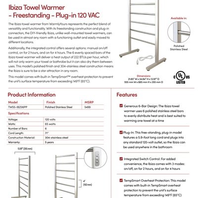 Ibiza Plug-in Towel Warmer Sell Sheet Canada (English)